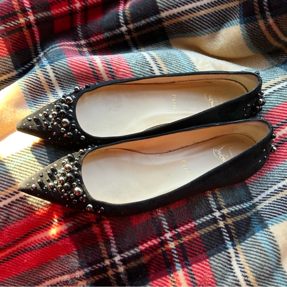 Christian Louboutin Embellished Black Candiflat Flats EU 39.5 US 9.5 Suede Point